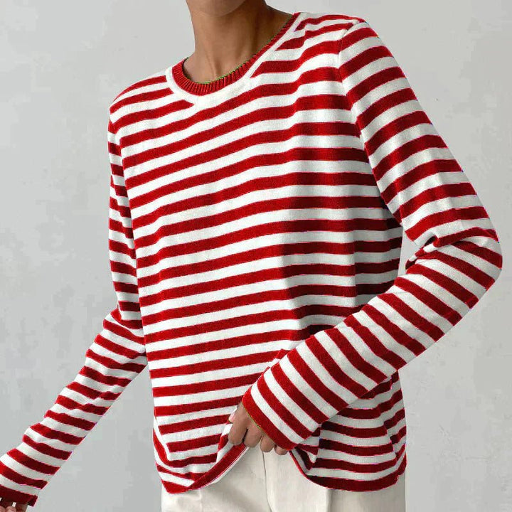 Dames Gestreept Katoenen Shirt Lange Mouwen - Red