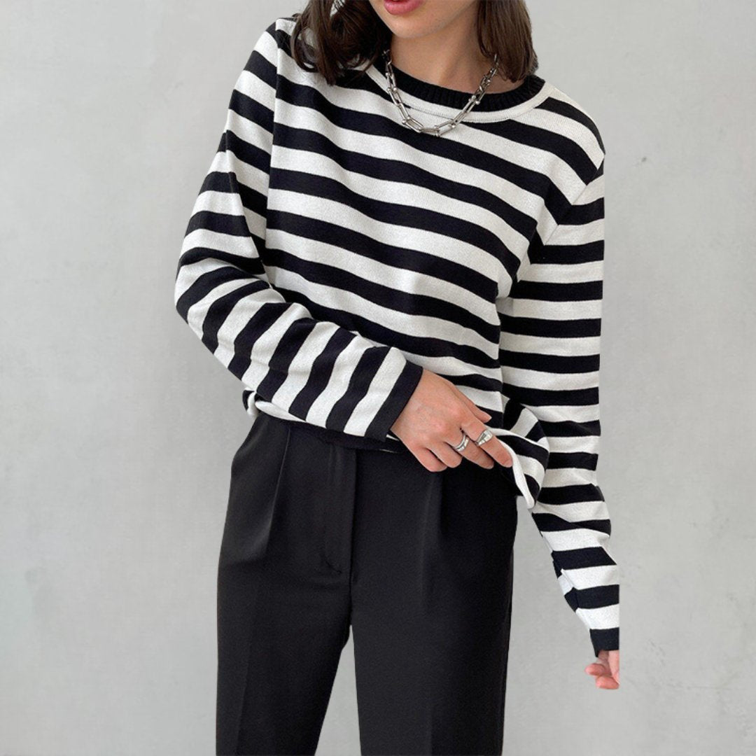 Dames Gestreept Katoenen Shirt Lange Mouwen - Black