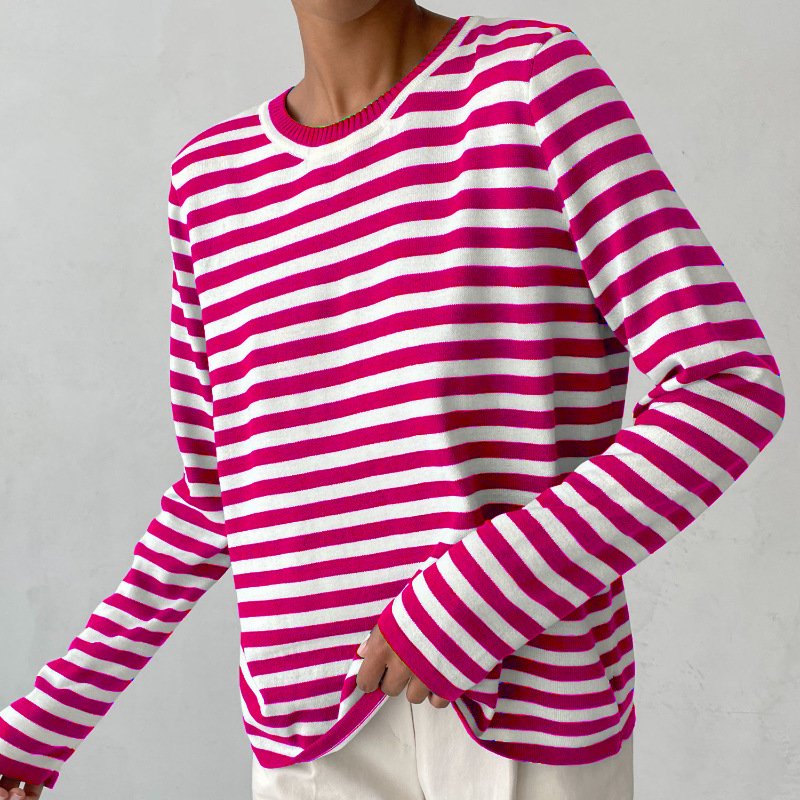 Dames Gestreept Katoenen Shirt Lange Mouwen - Pink