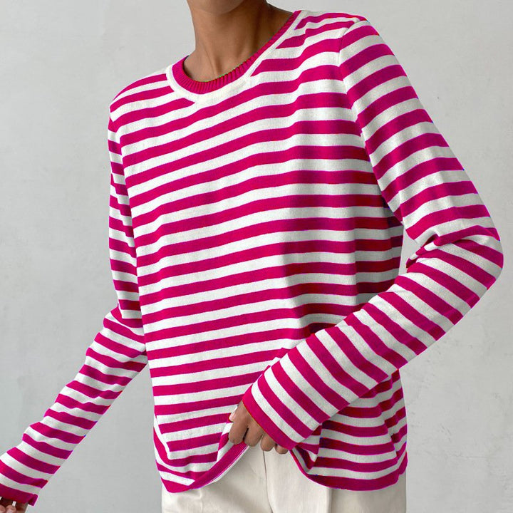 Dames Gestreept Katoenen Shirt Lange Mouwen - Pink