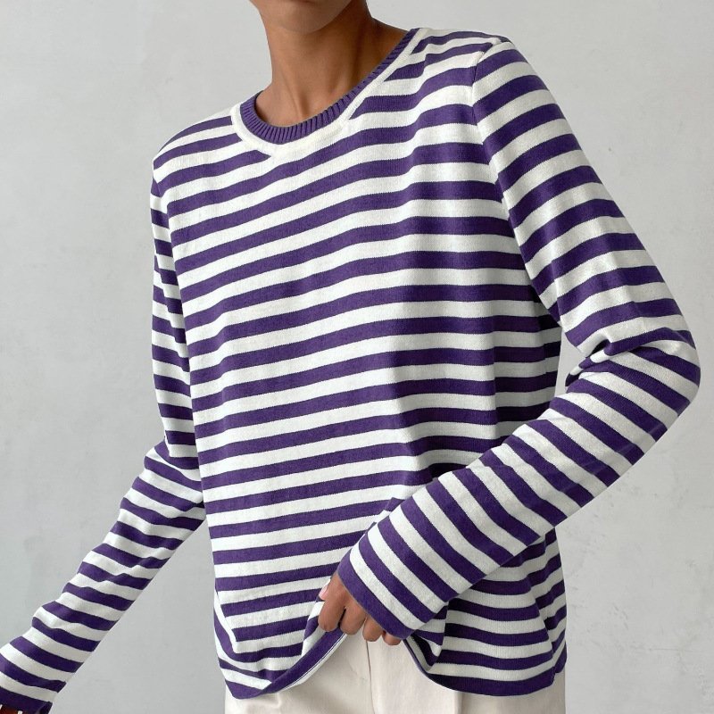 Dames Gestreept Katoenen Shirt Lange Mouwen - Purple