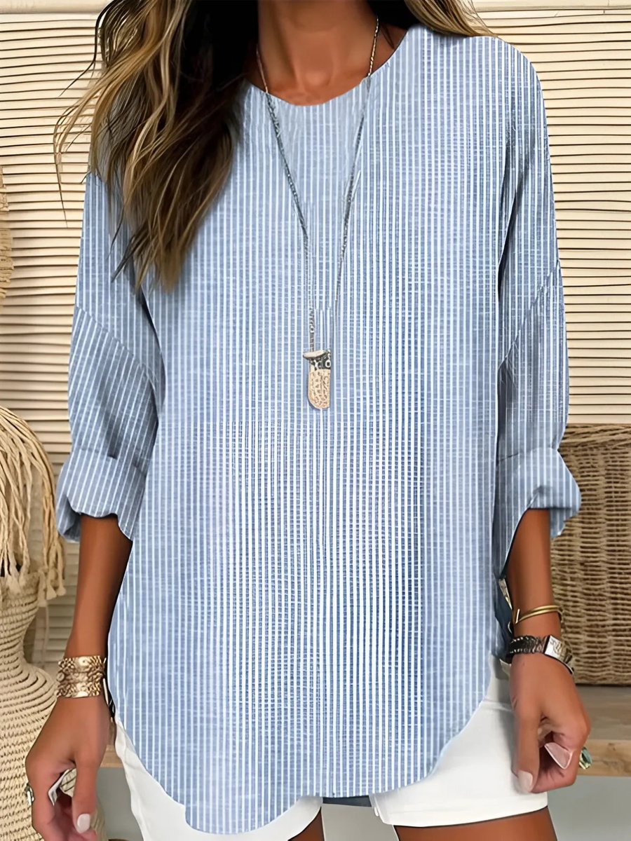 Dames Gestreepte Casual Loose-Fit Blouse Lange Mouwen - Blue