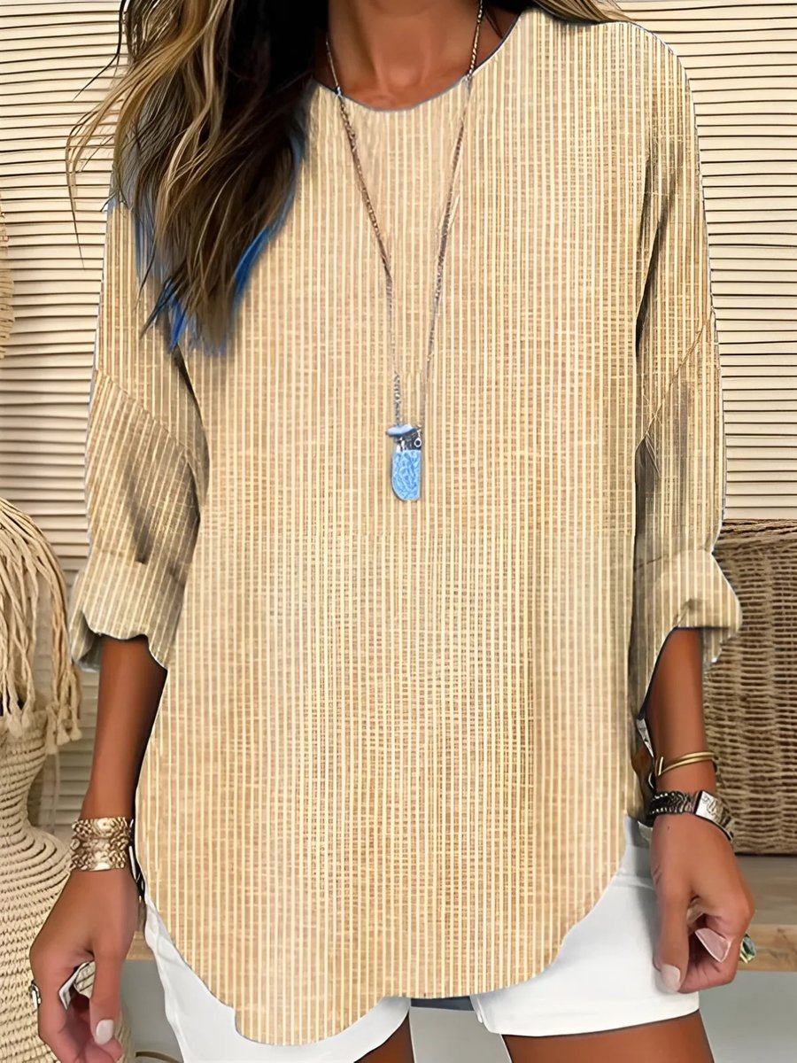 Dames Gestreepte Casual Loose-Fit Blouse Lange Mouwen - Khaki