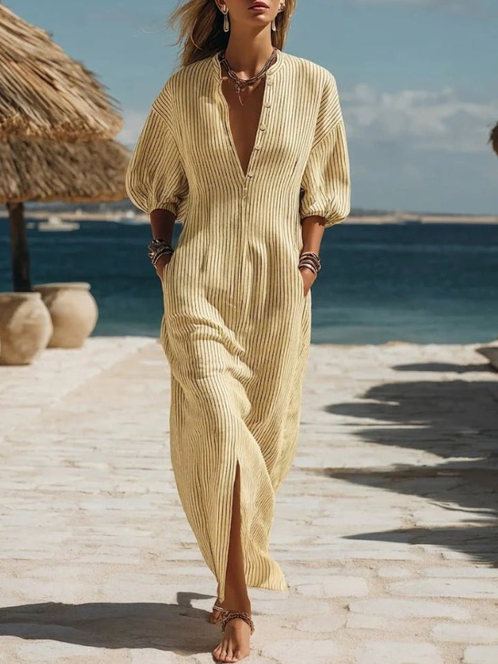 Dames Gestreepte Knoop Midi-jurk met Driekwart Mouwen - Yellow