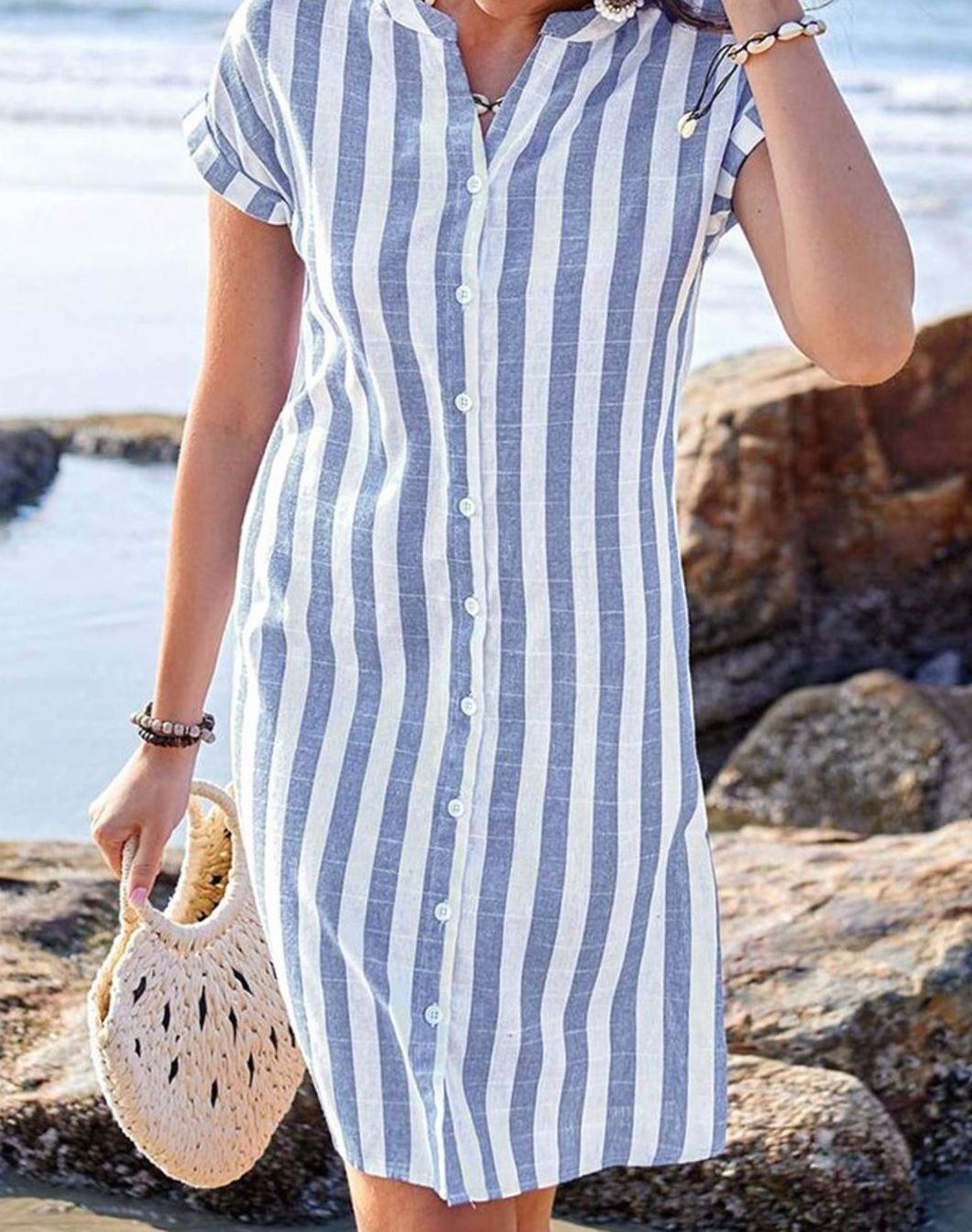 Dames Gestreepte Knoopsluiting Midi Jurk Korte Mouw V-hals - Blauw
