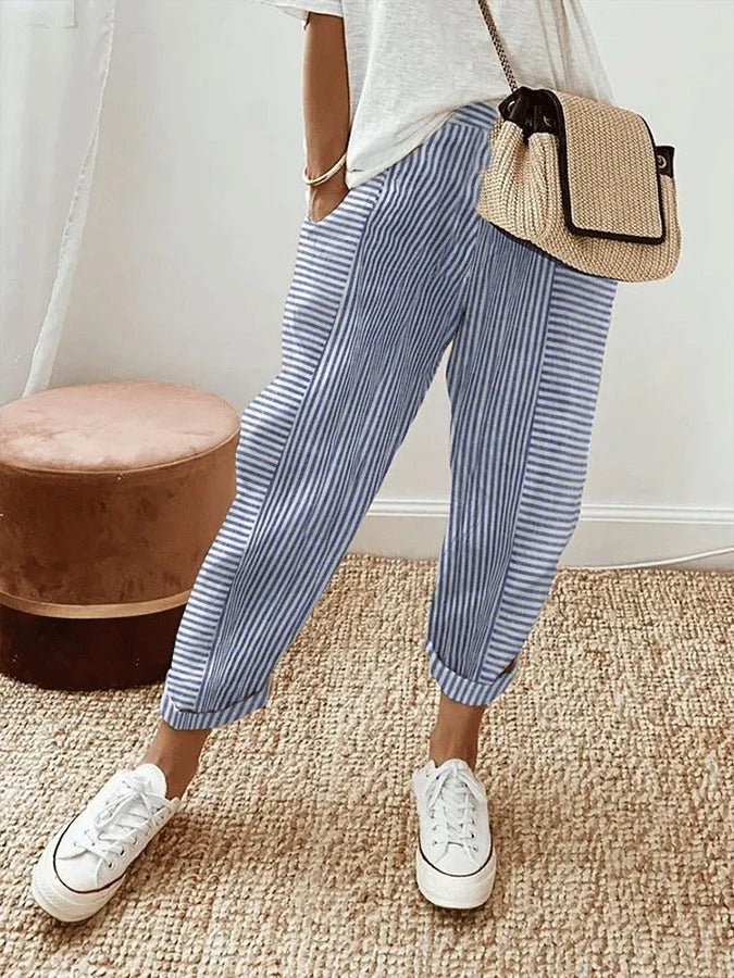 Dames Gestreepte Linen Broek Elastische Taille Getaperde Pijpen - Blue