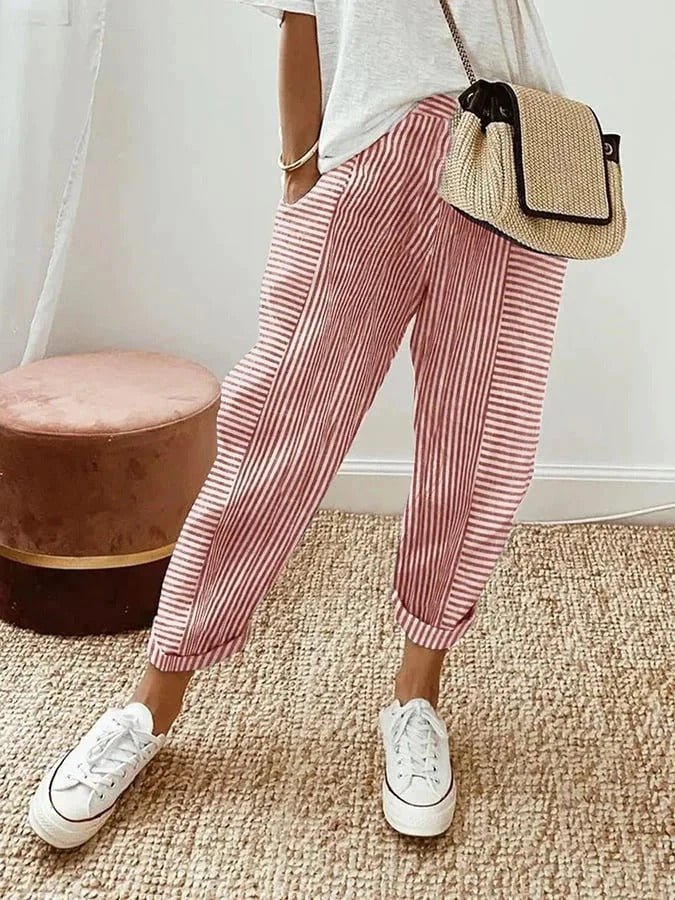 Dames Gestreepte Linen Broek Elastische Taille Getaperde Pijpen - Red