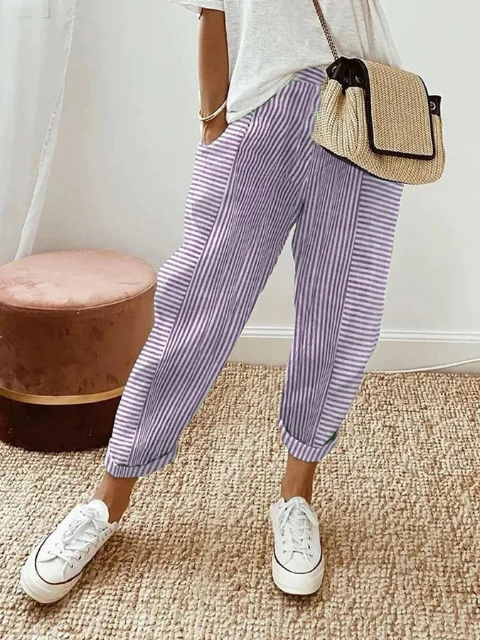 Dames Gestreepte Linen Broek Elastische Taille Getaperde Pijpen - Purple
