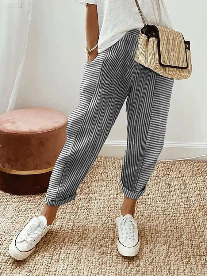 Dames Gestreepte Linen Broek Elastische Taille Getaperde Pijpen - Black