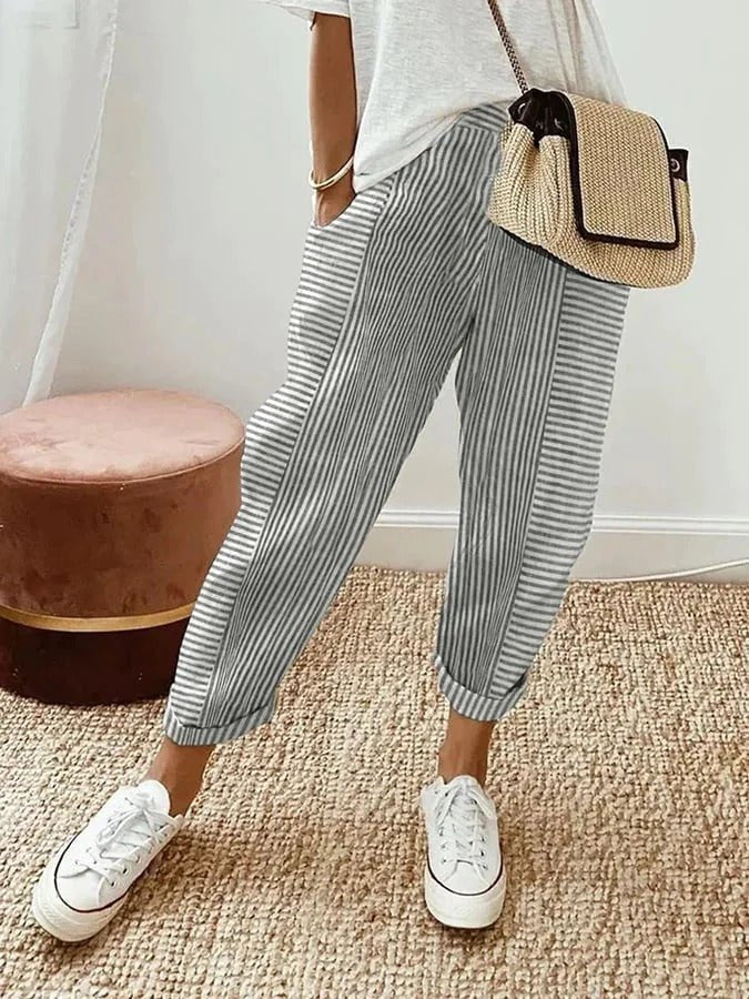 Dames Gestreepte Linen Broek Elastische Taille Getaperde Pijpen - Gray