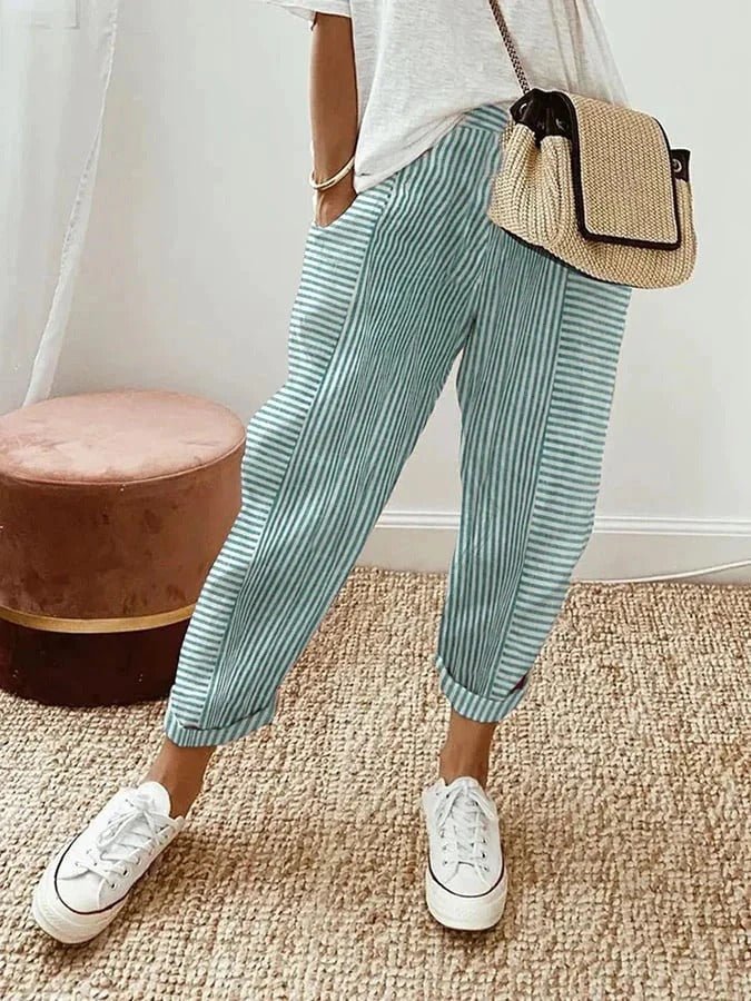 Dames Gestreepte Linen Broek Elastische Taille Getaperde Pijpen - Green