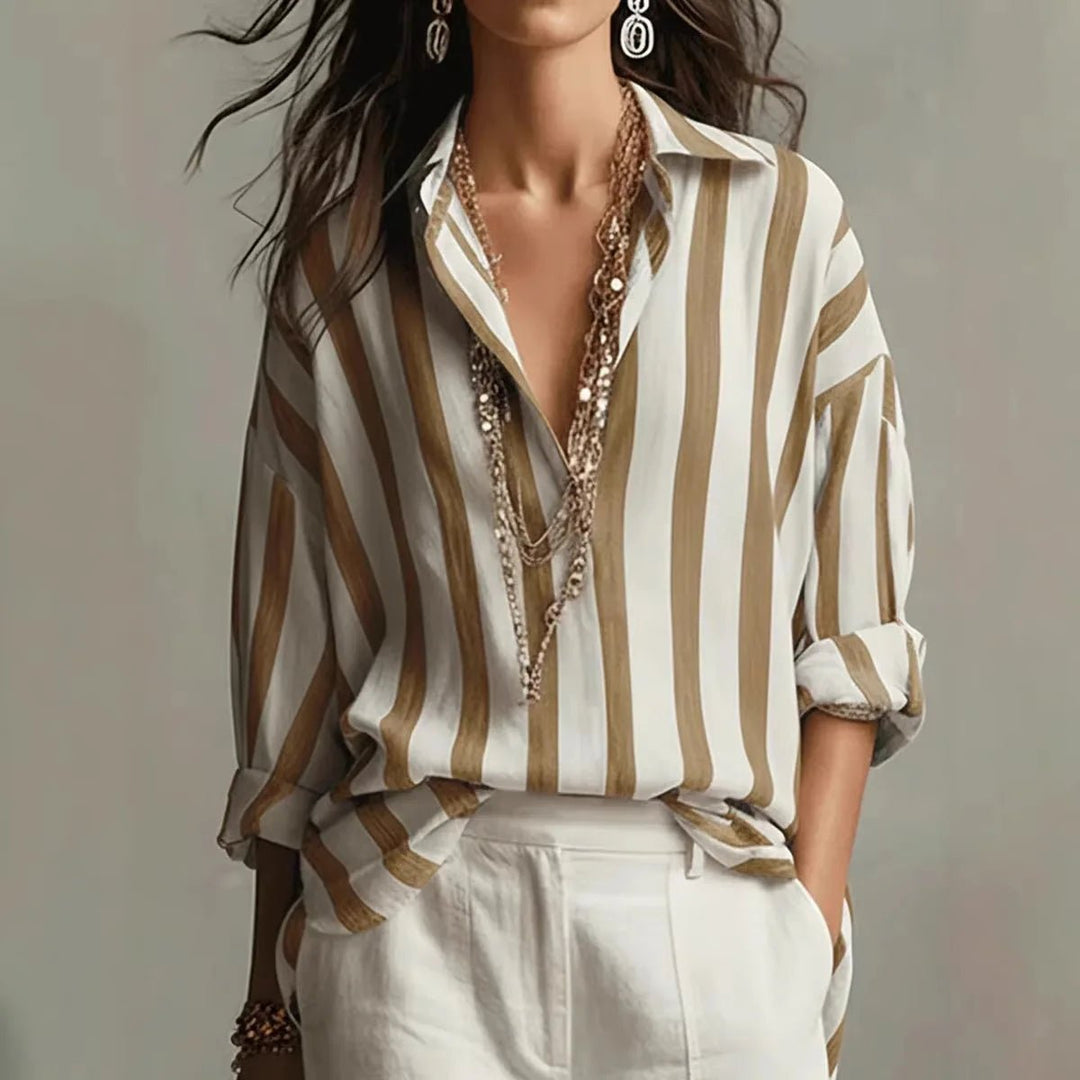 Dames Gestreepte Linnen Relaxed-Fit Blouse met Lange Mouwen - Brown