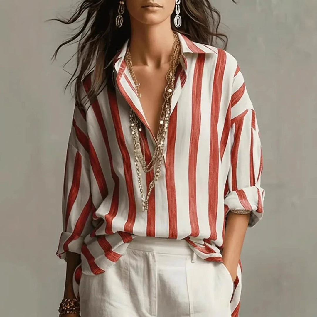 Dames Gestreepte Linnen Relaxed-Fit Blouse met Lange Mouwen - Red