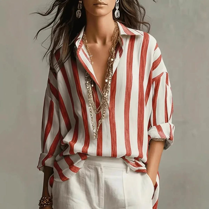 Dames Gestreepte Linnen Relaxed-Fit Blouse met Lange Mouwen - Red
