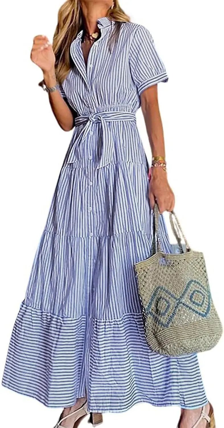 Dames Gestreepte Maxi Blousejurk met Riem en Ruches - Blue
