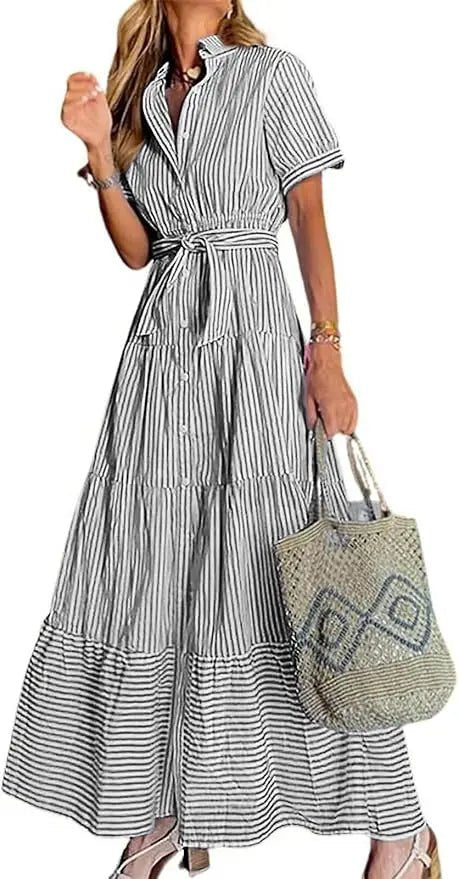 Dames Gestreepte Maxi Blousejurk met Riem en Ruches - Black