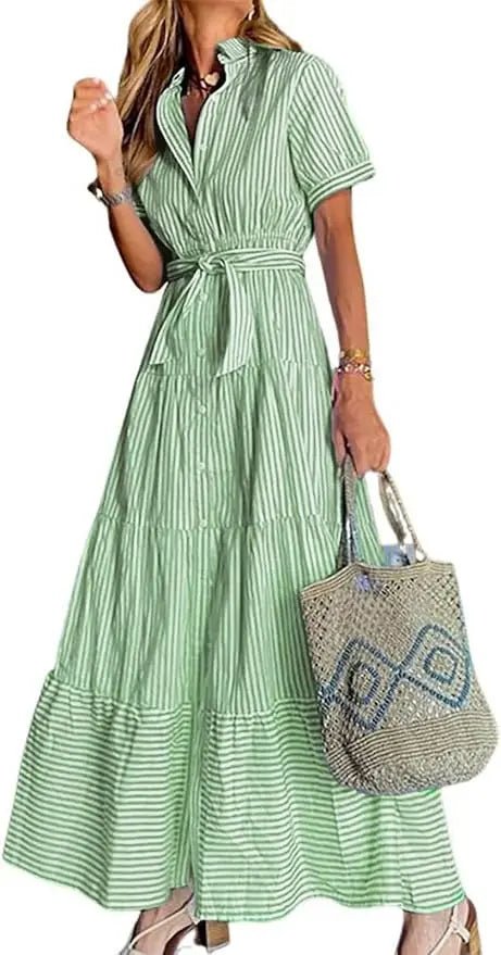 Dames Gestreepte Maxi Blousejurk met Riem en Ruches - Green
