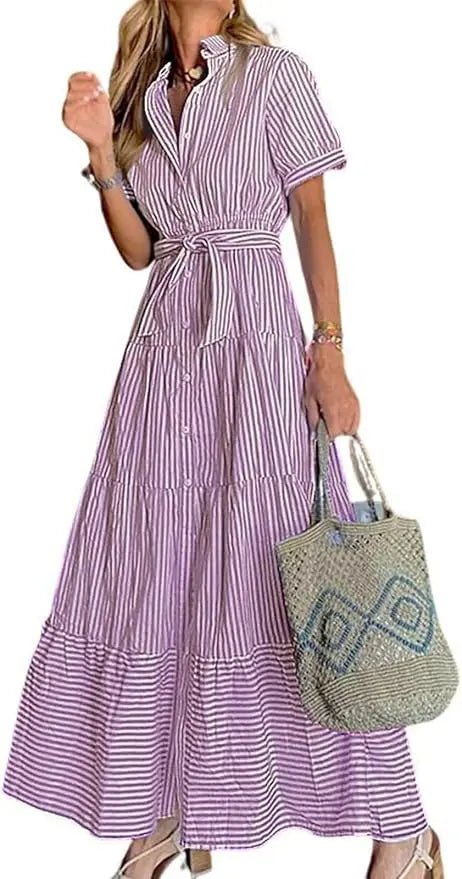Dames Gestreepte Maxi Blousejurk met Riem en Ruches - Purple