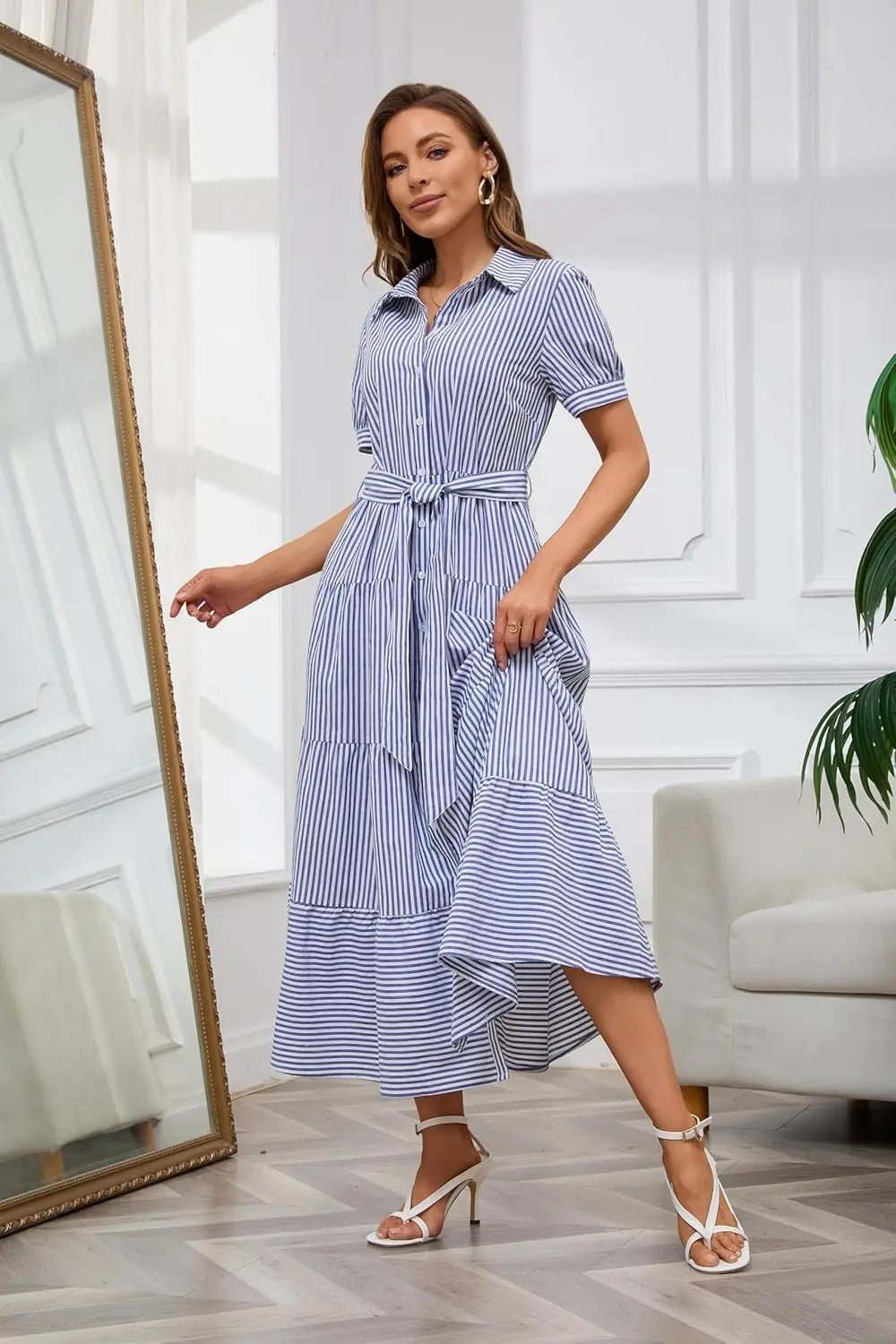 Dames Gestreepte Maxi Blousejurk met Riem en Ruches