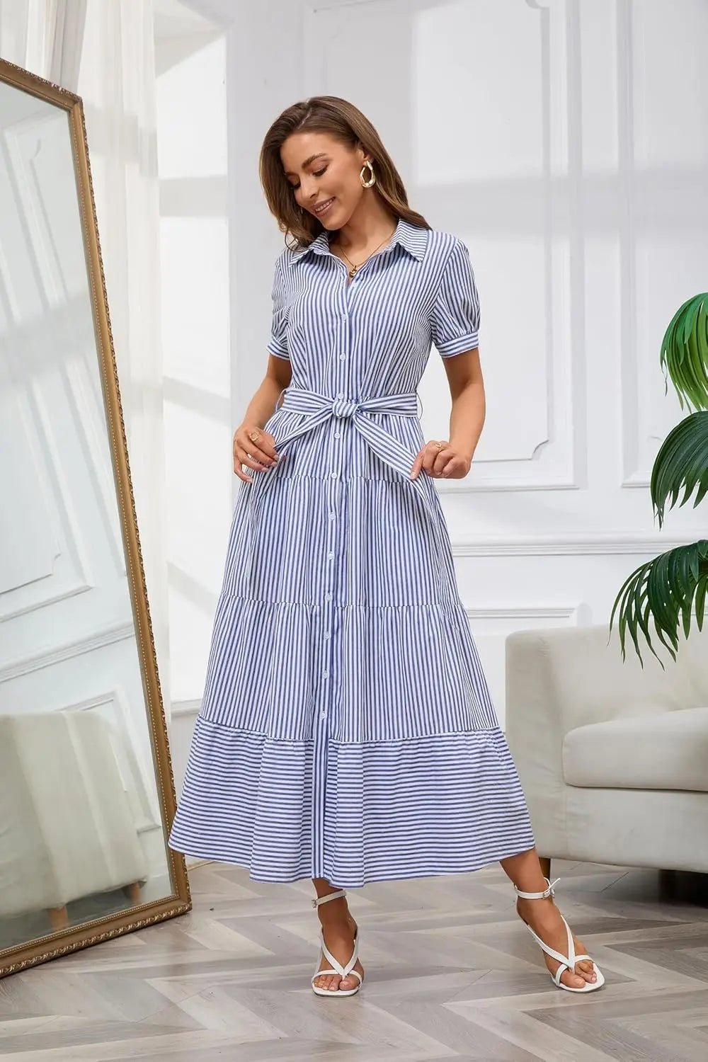 Dames Gestreepte Maxi Blousejurk met Riem en Ruches