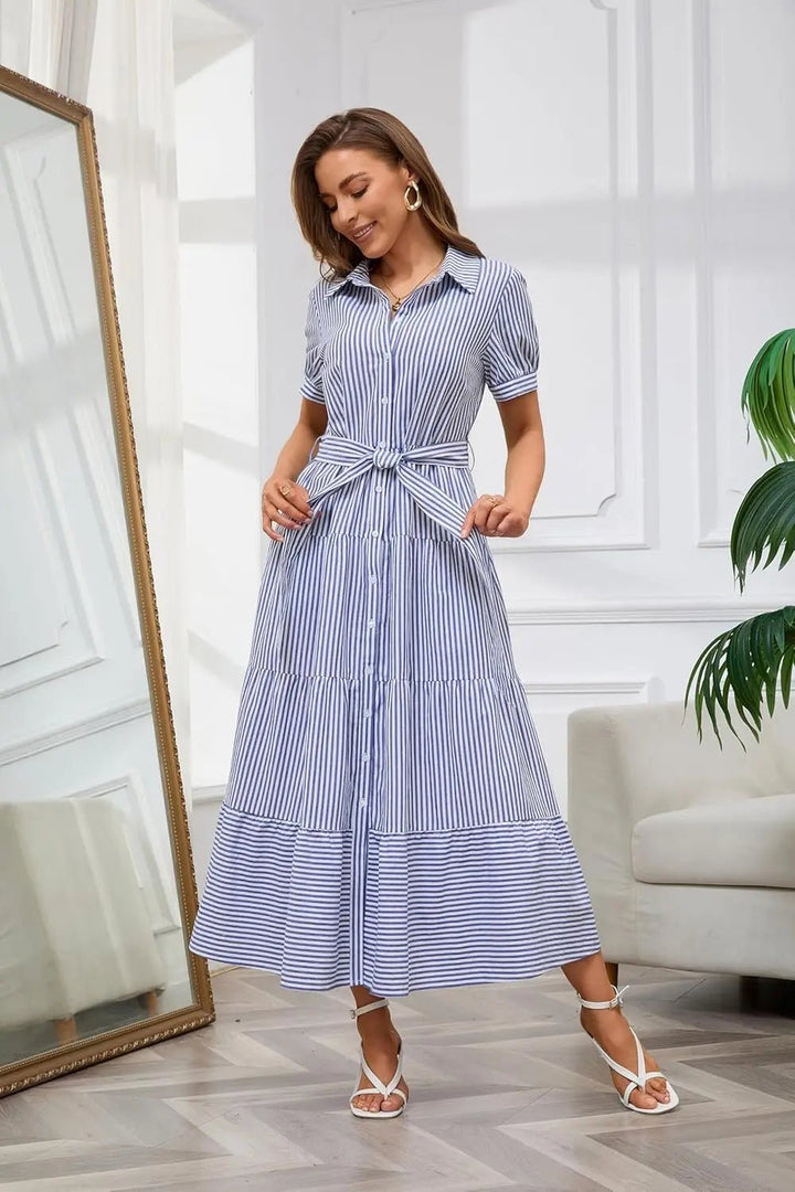 Dames Gestreepte Maxi Blousejurk met Riem en Ruches