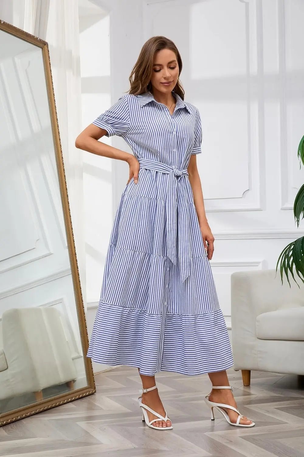 Dames Gestreepte Maxi Blousejurk met Riem en Ruches
