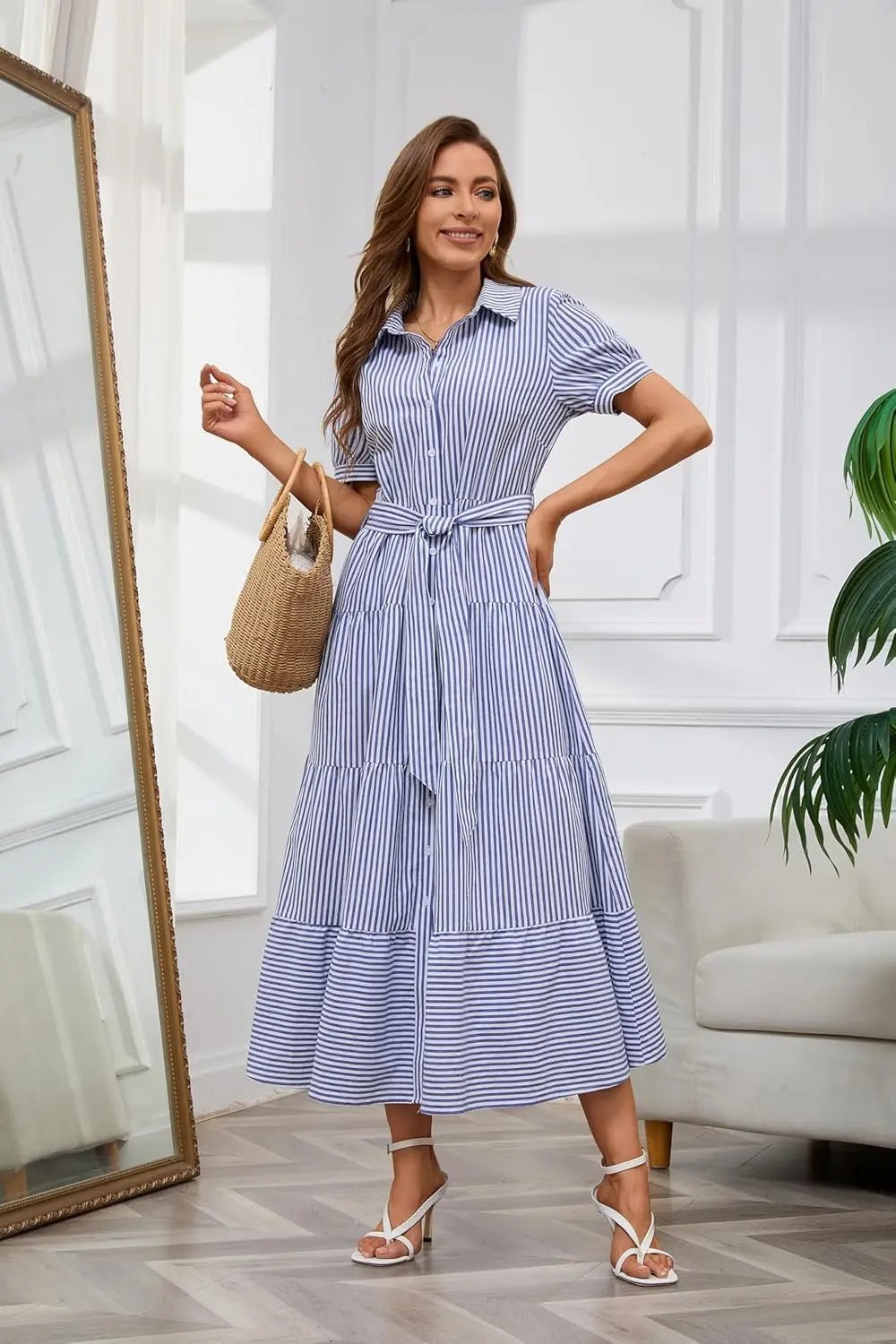 Dames Gestreepte Maxi Blousejurk met Riem en Ruches