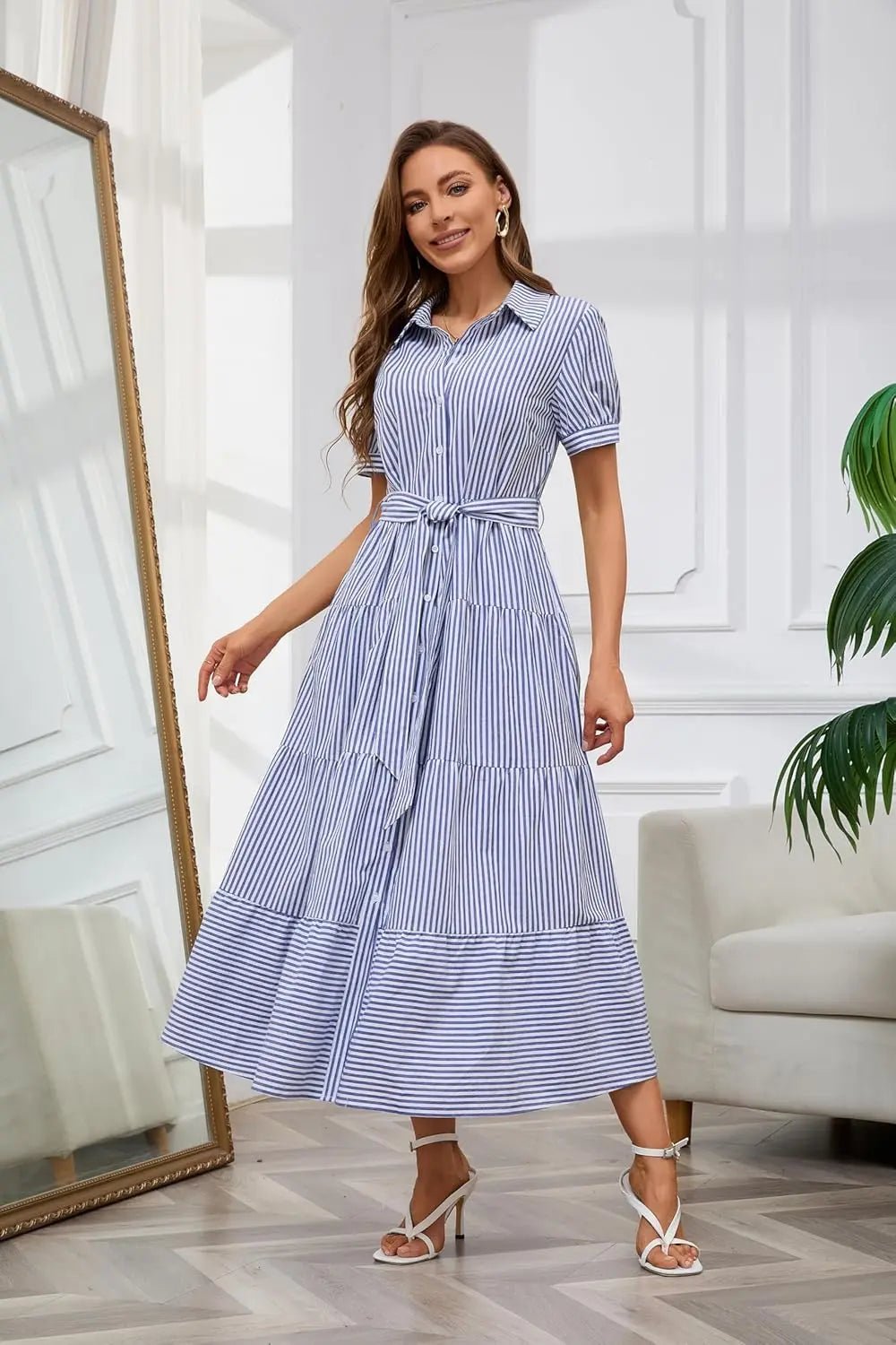 Dames Gestreepte Maxi Blousejurk met Riem en Ruches