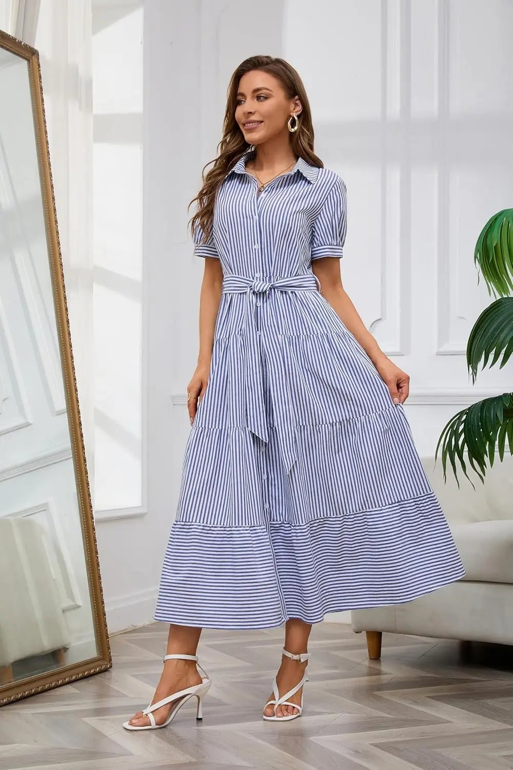 Dames Gestreepte Maxi Blousejurk met Riem en Ruches