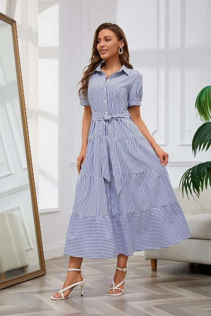 Dames Gestreepte Maxi Blousejurk met Riem en Ruches