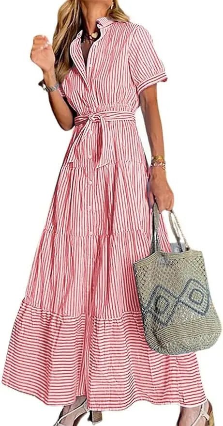 Dames Gestreepte Maxi Blousejurk met Riem en Ruches - Red
