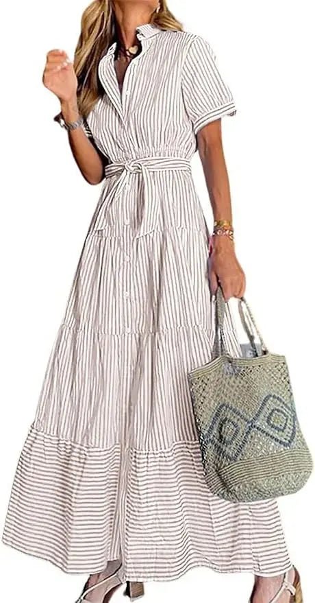 Dames Gestreepte Maxi Blousejurk met Riem en Ruches - Khaki