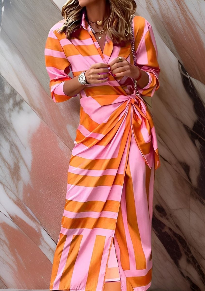 Dames Gestreepte Maxi Wikkel Long Sleeve Dress met V-hals - Oranje/Roze