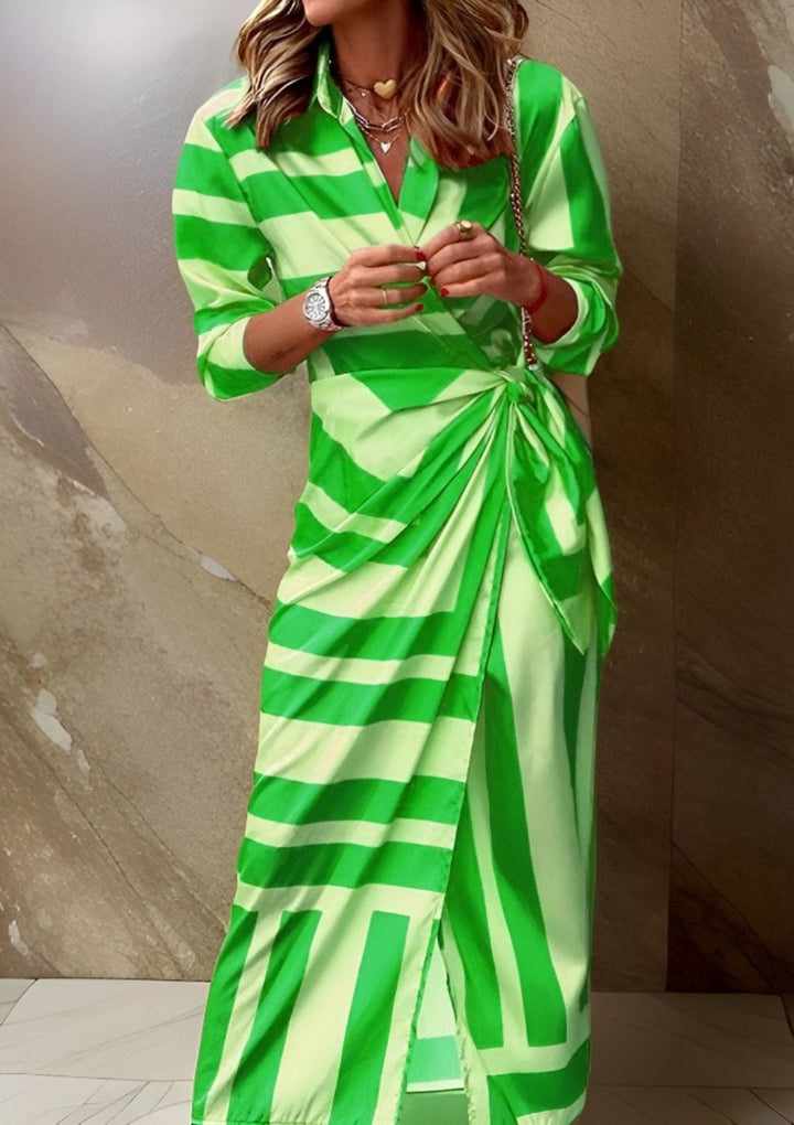 Dames Gestreepte Maxi Wikkel Long Sleeve Dress met V-hals - Groen