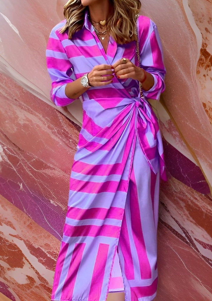 Dames Gestreepte Maxi Wikkel Long Sleeve Dress met V-hals - Lila