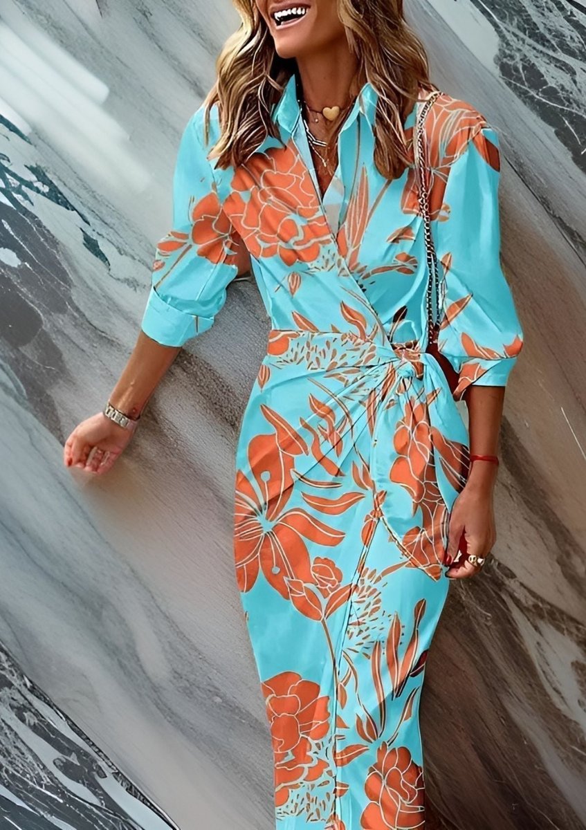 Dames Gestreepte Maxi Wikkel Long Sleeve Dress met V-hals - Turquoise