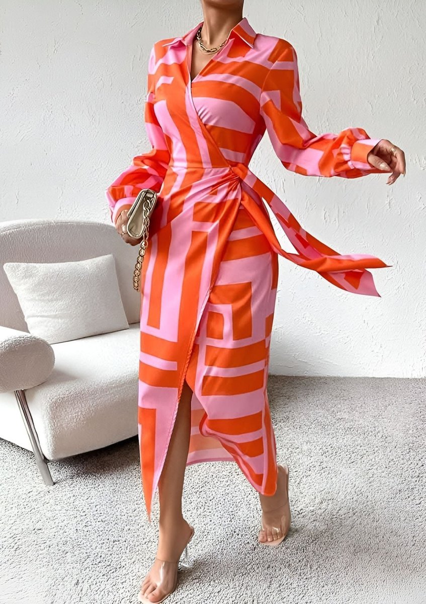 Dames Gestreepte Maxi Wikkel Long Sleeve Dress met V-hals