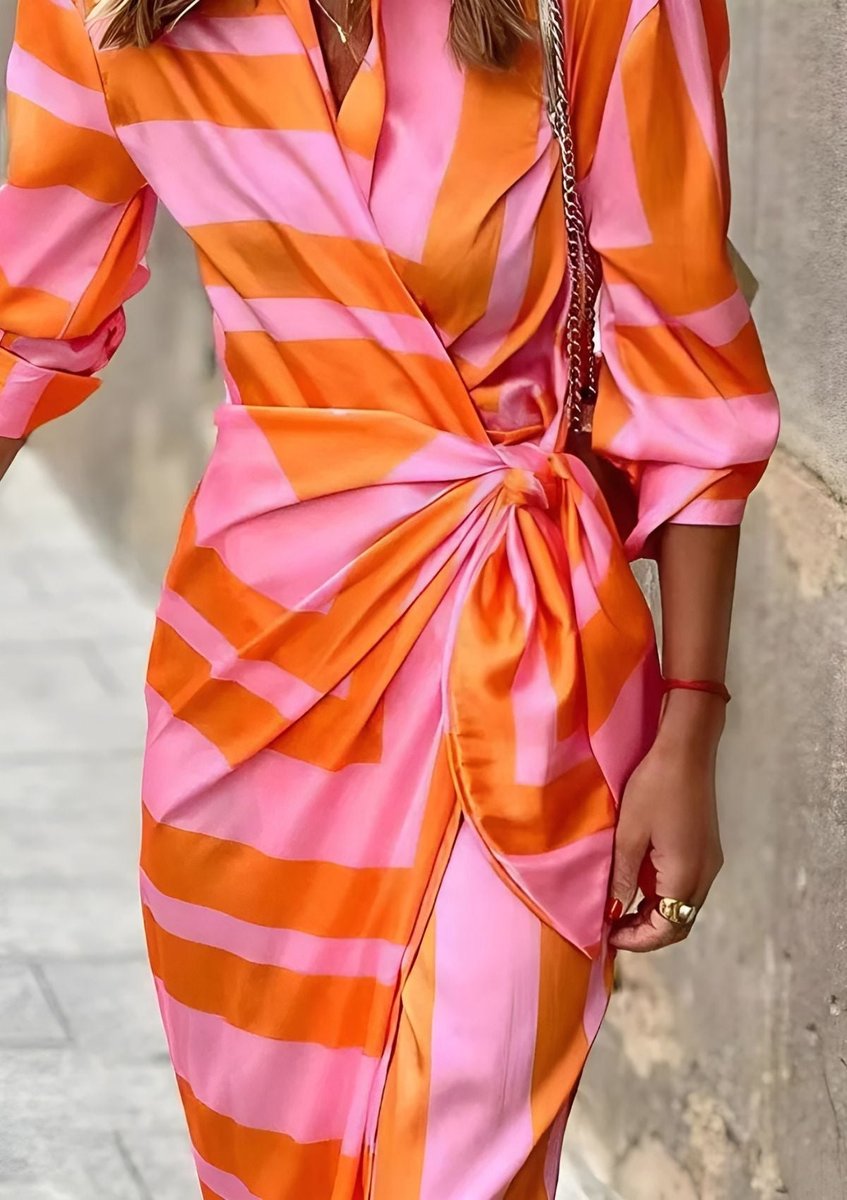 Dames Gestreepte Maxi Wikkel Long Sleeve Dress met V-hals