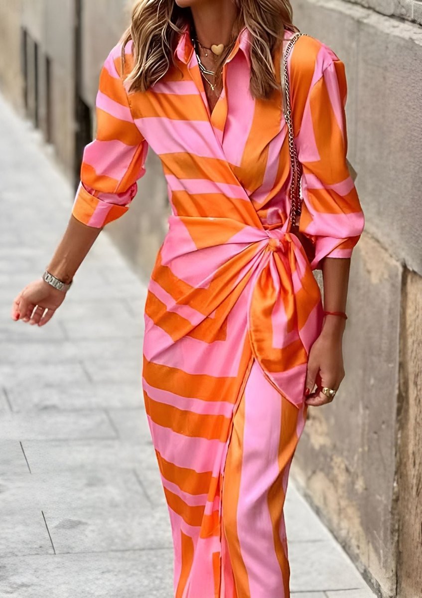 Dames Gestreepte Maxi Wikkel Long Sleeve Dress met V-hals