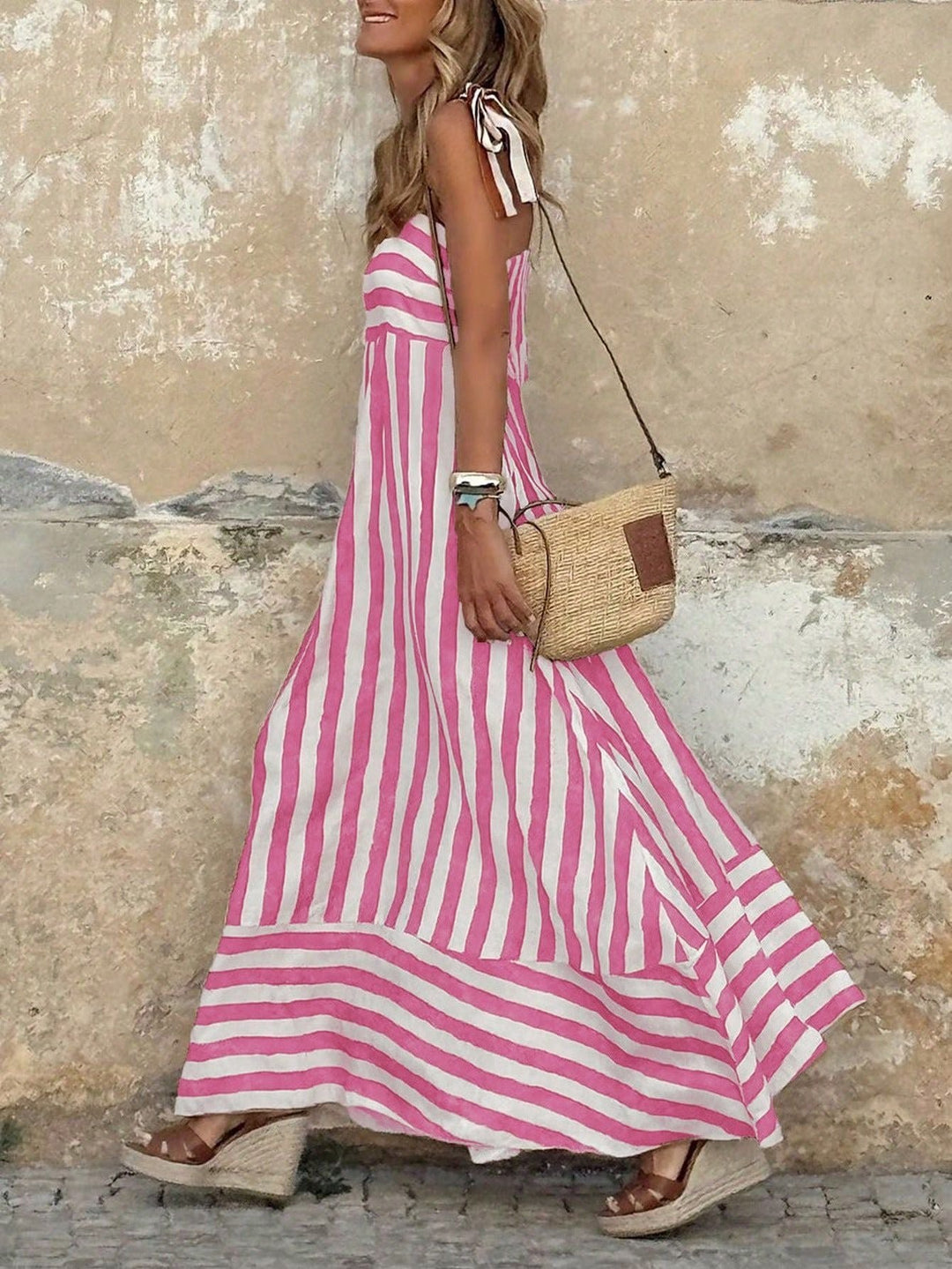Dames Gestreepte Mouwloze Maxi-jurk Strikbandjes Wijde Rok - Pink