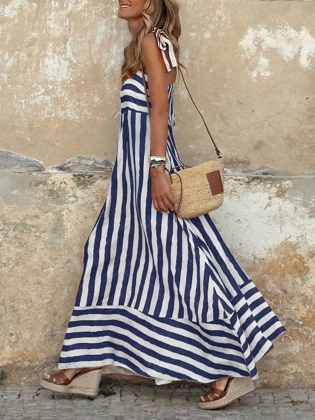 Dames Gestreepte Mouwloze Maxi-jurk Strikbandjes Wijde Rok - Blue