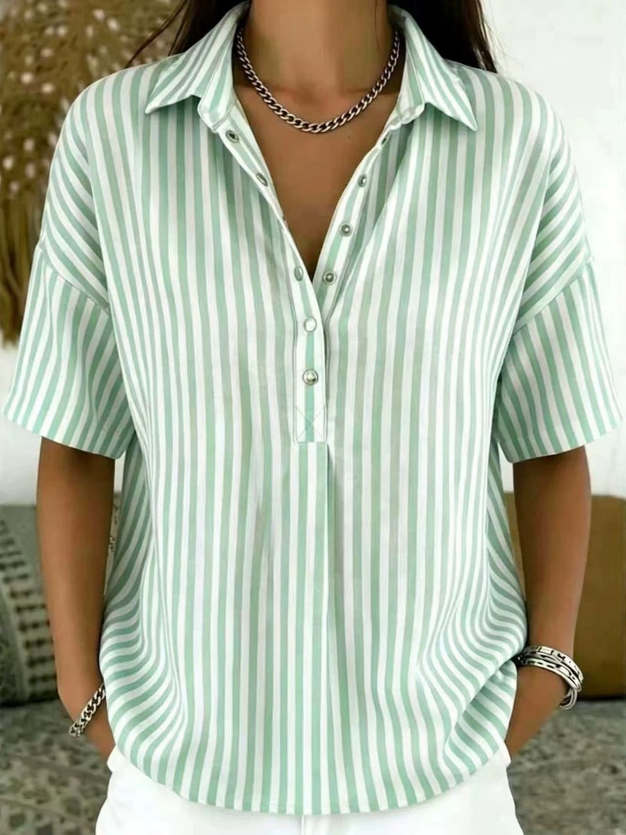Dames Gestreepte Relaxed-Fit Korte Mouw Blouse met Kraag - Light Green