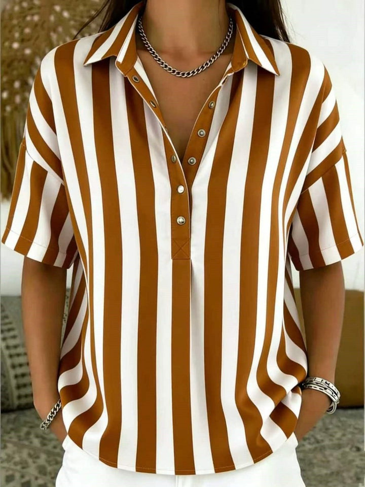 Dames Gestreepte Relaxed-Fit Korte Mouw Blouse met Kraag - Brown