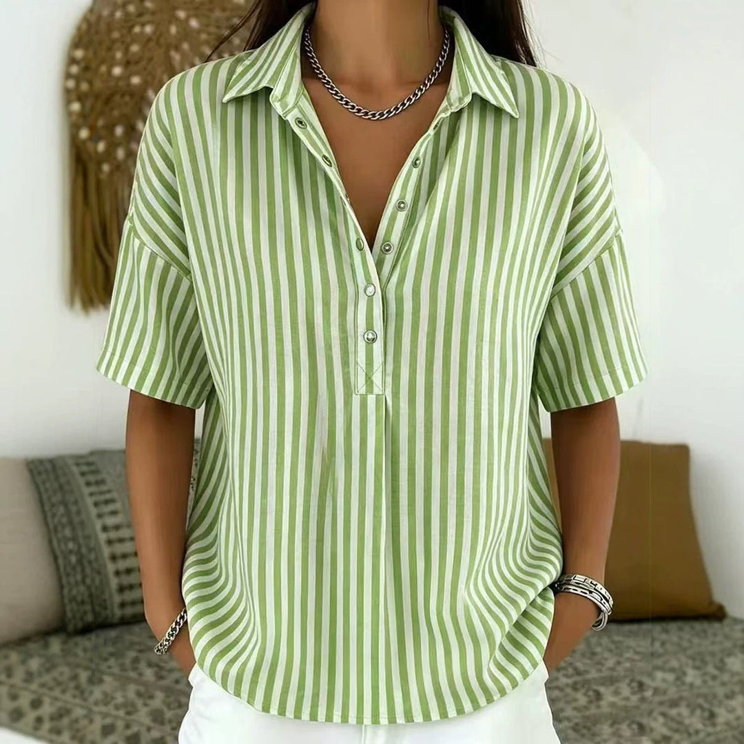 Dames Gestreepte Relaxed-Fit Korte Mouw Blouse met Kraag - Dark Green