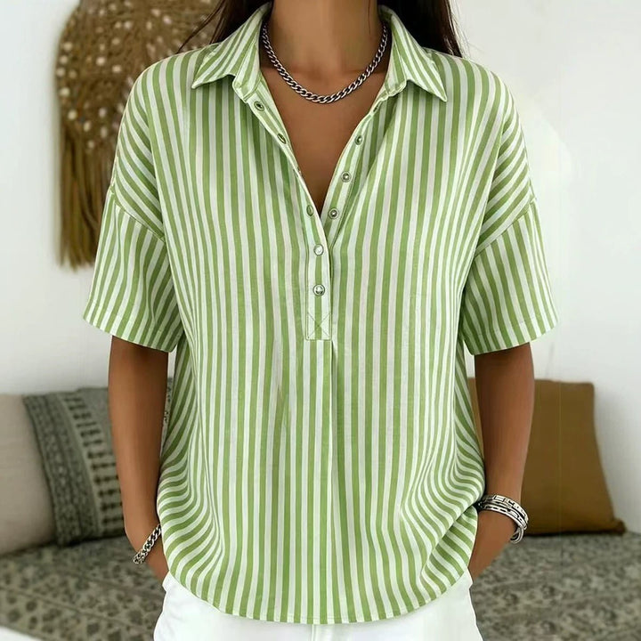 Dames Gestreepte Relaxed-Fit Korte Mouw Blouse met Kraag - Dark Green