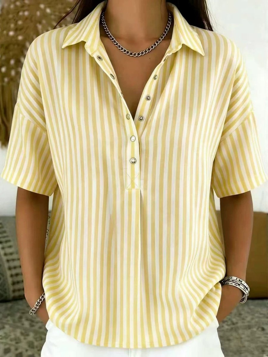 Dames Gestreepte Relaxed-Fit Korte Mouw Blouse met Kraag - Yellow