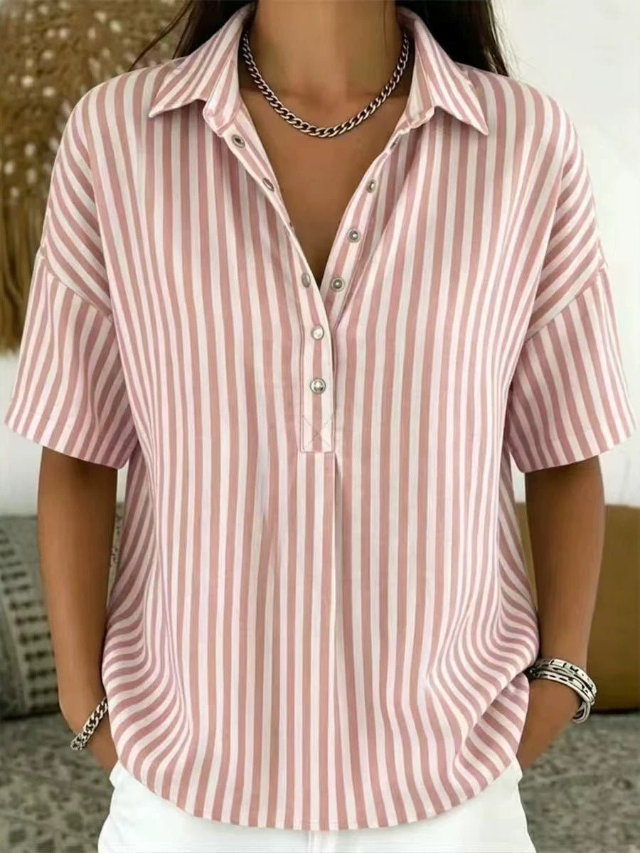Dames Gestreepte Relaxed-Fit Korte Mouw Blouse met Kraag - Pink