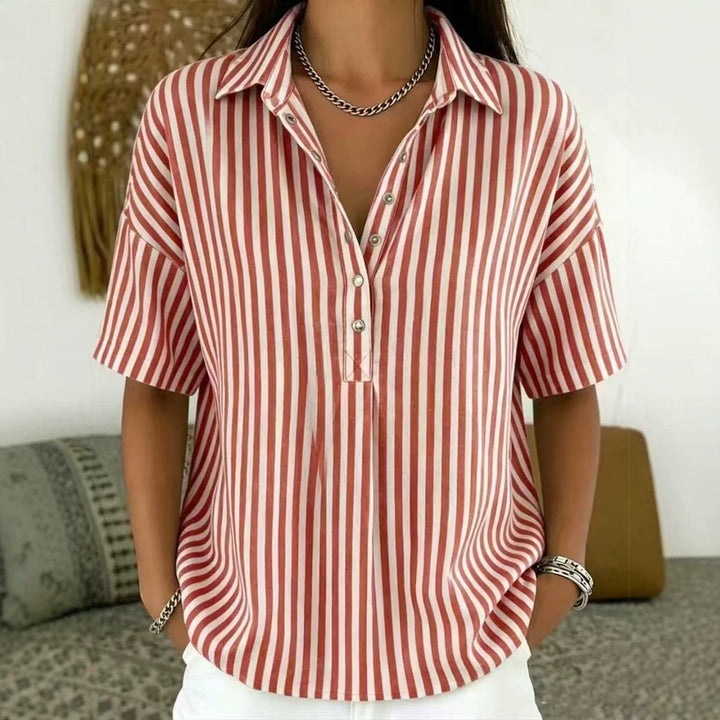 Dames Gestreepte Relaxed-Fit Korte Mouw Blouse met Kraag - Red