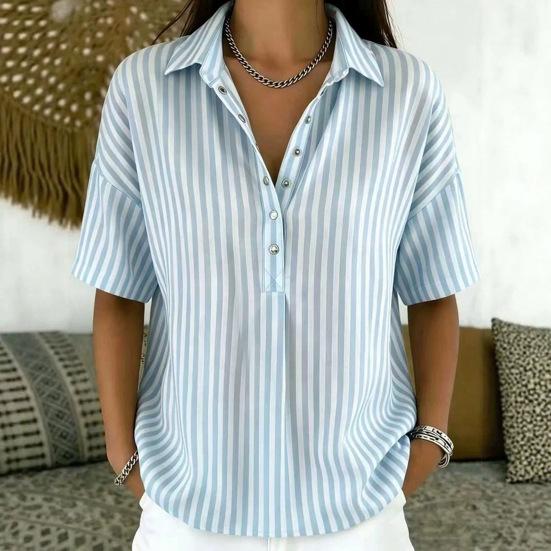 Dames Gestreepte Relaxed-Fit Korte Mouw Blouse met Kraag - Blue