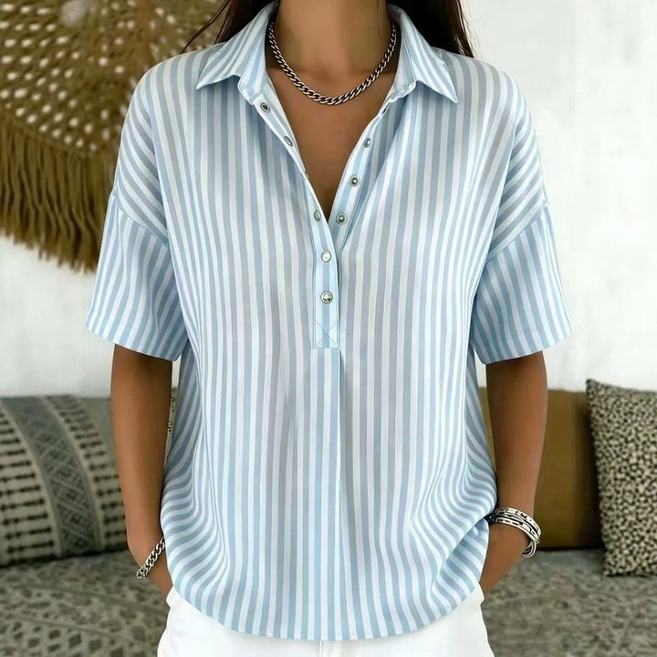 Dames Gestreepte Relaxed-Fit Korte Mouw Blouse met Kraag - Blue